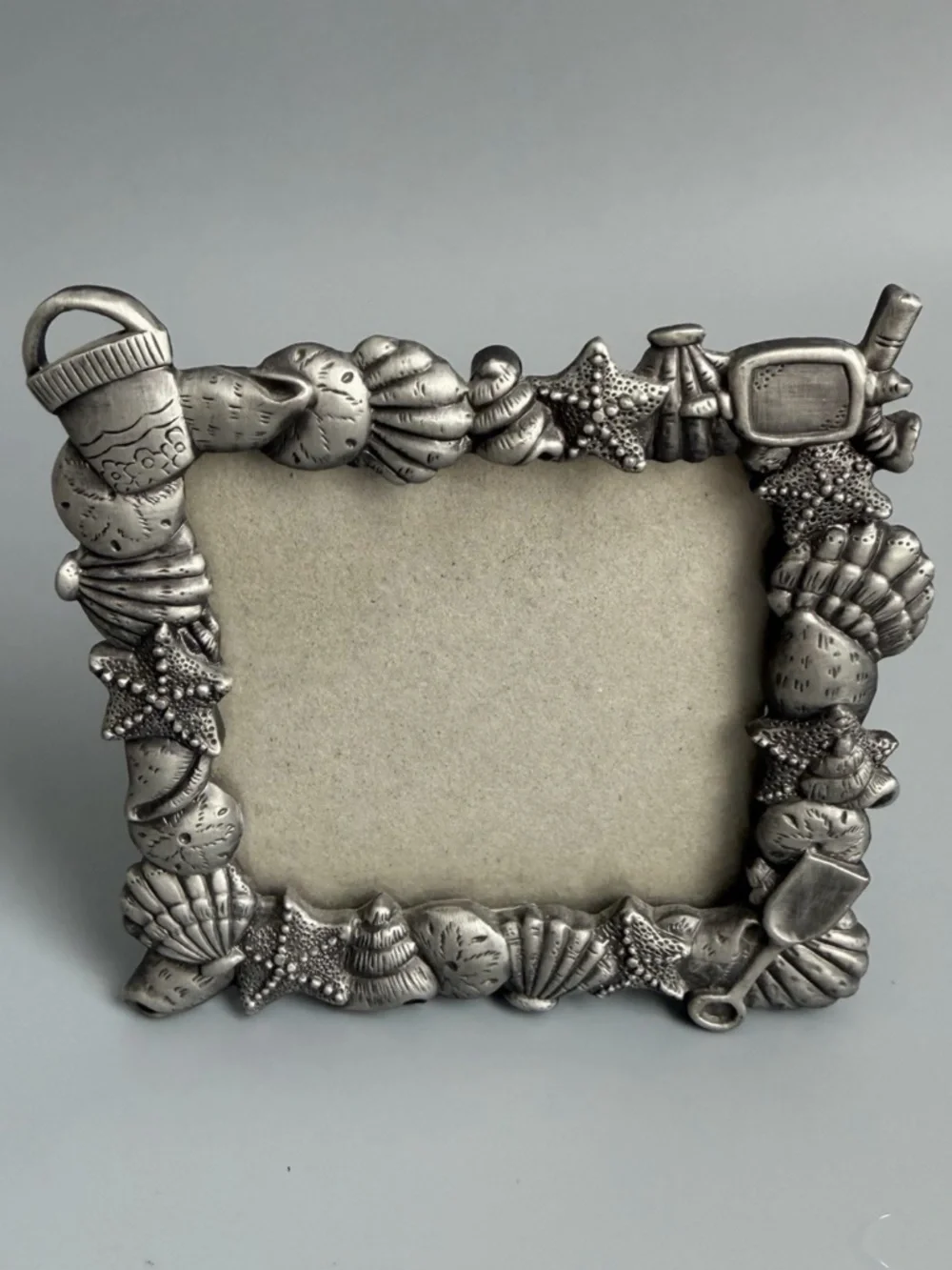 Pewter Beach Coastal Photo Frame 3 x 3 Seashell Starfish Snorkel Bucket Glass